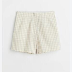 H&M Beige Tan & White Gingham Plaid Shorts Size 16 Cotton Linen Blend